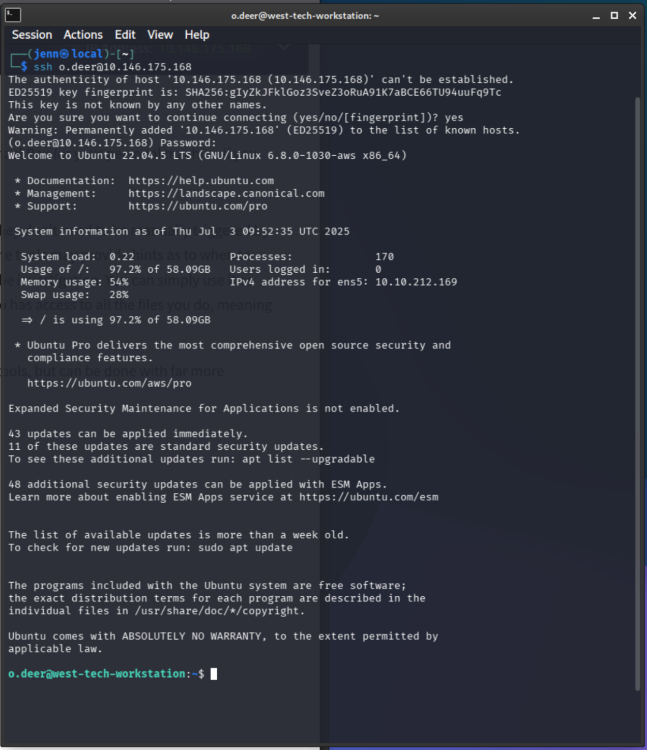 SSH into o.deer@west-tech-workstation